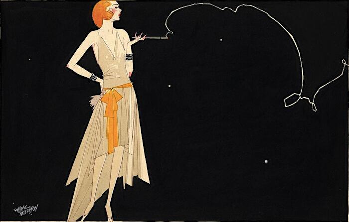 1920s woman in a flapper dress with a meandering string of smoke coming out of a long cigarette.