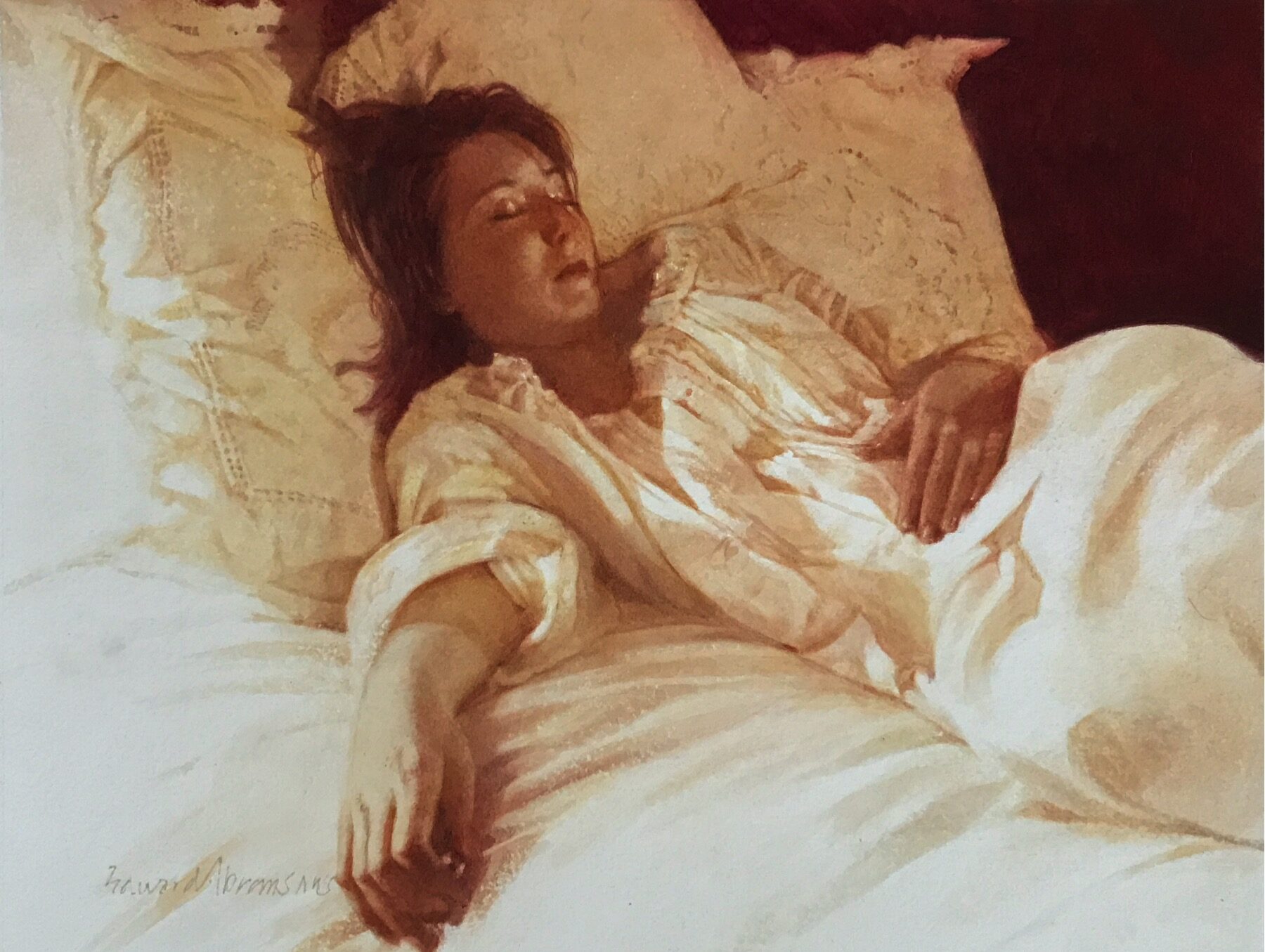 A woman in a white night nightgown laying in bed on a white comforter and propped-up white, lacy pillows.