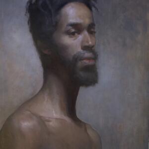 A painting of a shirtless man with short, loose dreadlocks, and a beard from the chest up.