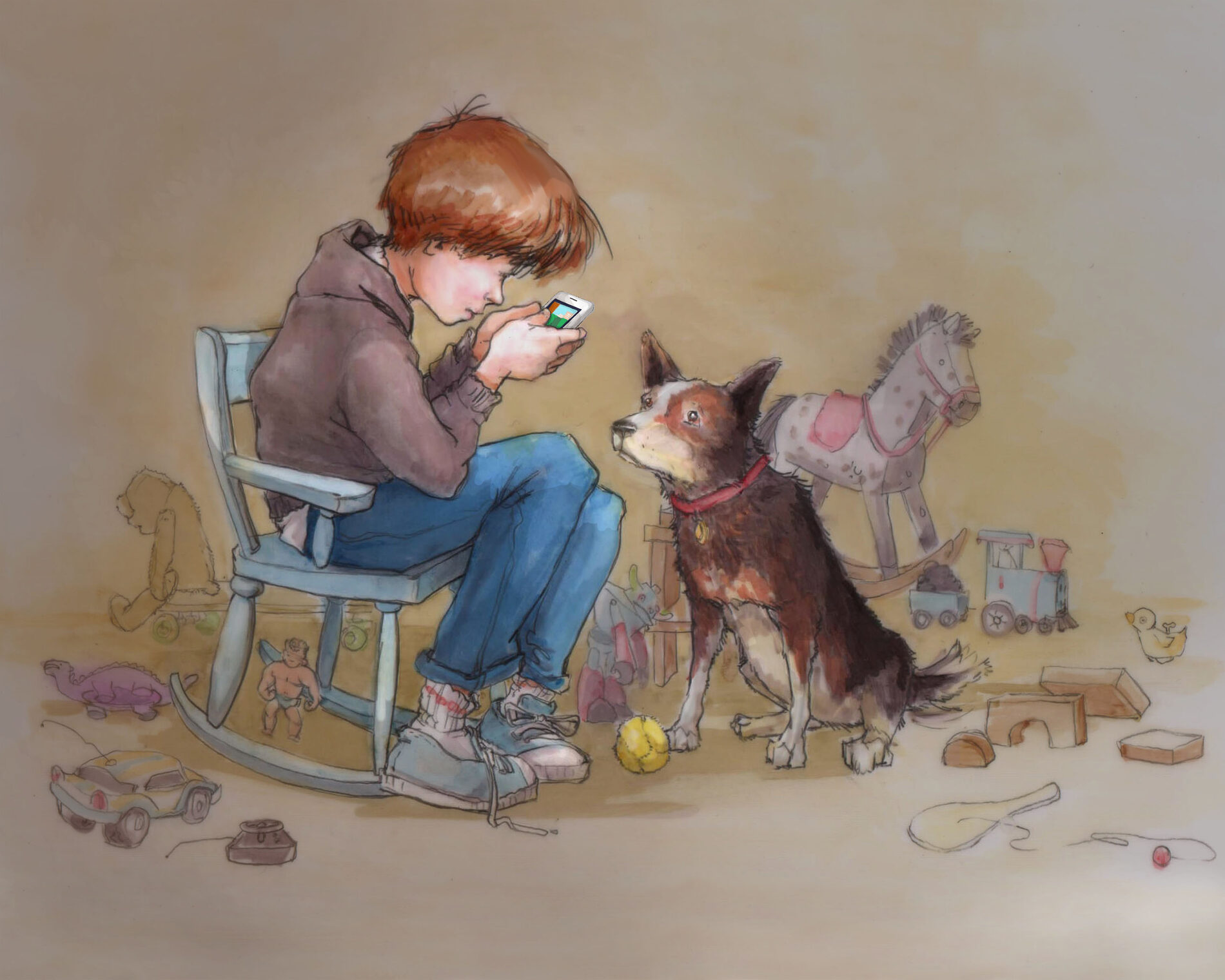 A boy sitting in a rocking chair with toys scattered on the floor, taking a picture with his phone of his dog or playing on the phone in front of his patient dog.