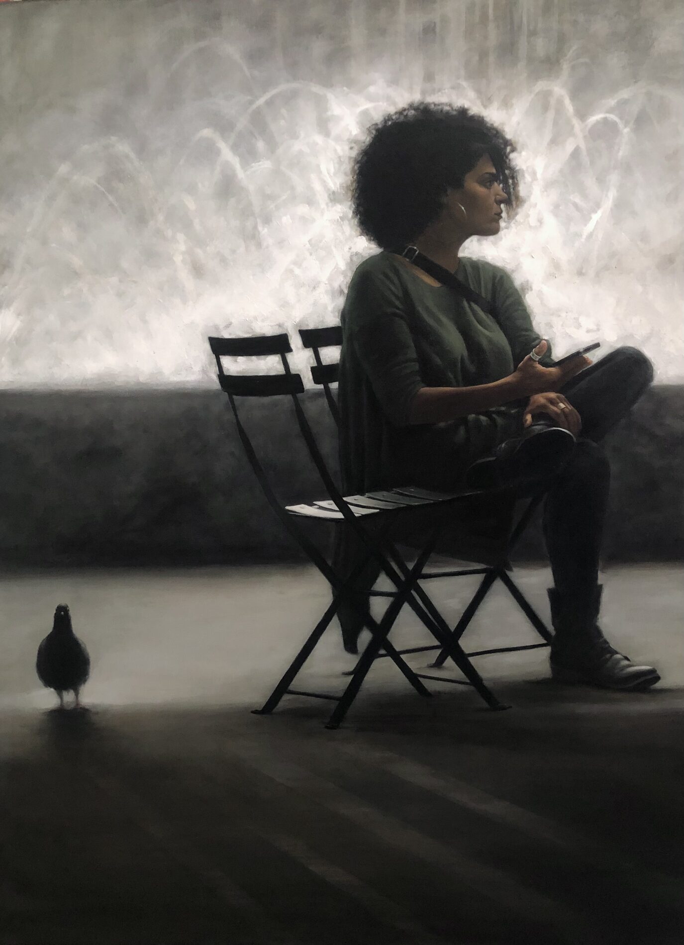 A painting of a woman sitting in a chair outside with her phone, a pigeon next to her.