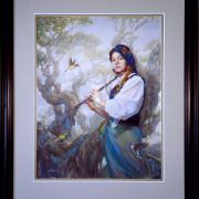 "The Enchanting Flutist" in a gray matte and a dark brown frame.