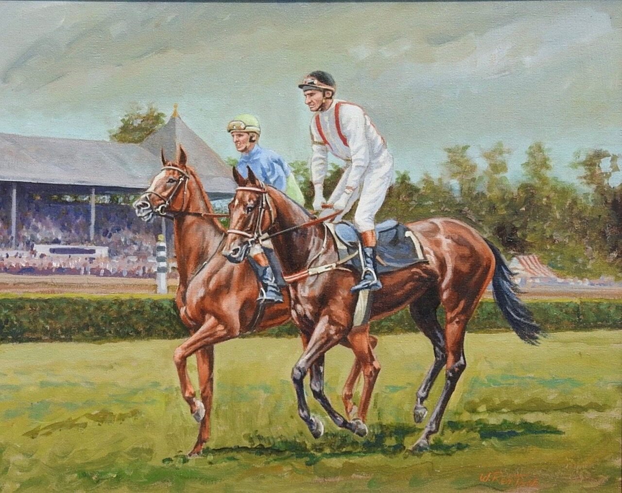 Two jockeys on horses in front of a stadium.