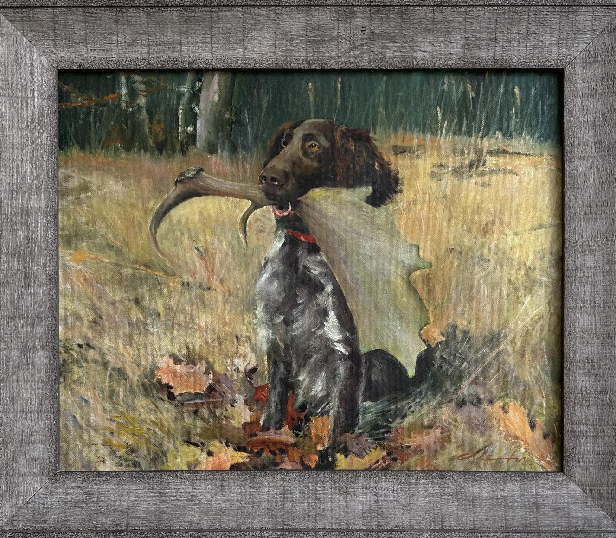 "The Found Shed Antler" in a wooden frame with a clear grain, tinted gray.