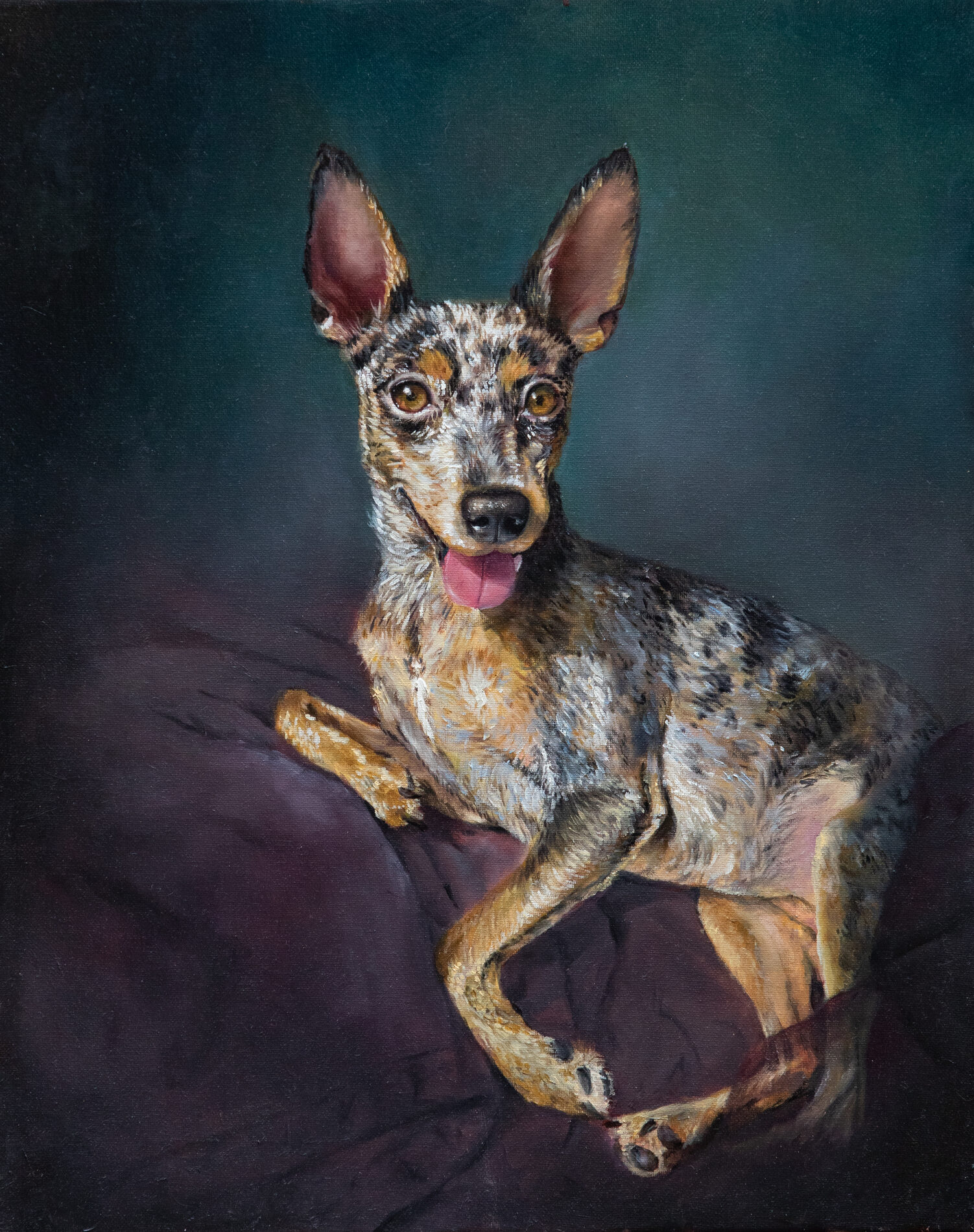 A painting of a dog sitting on a couch.