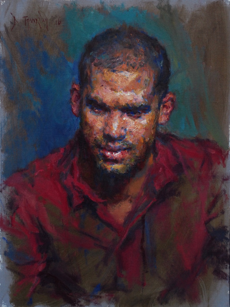 Impressionistic portrait looking down onto a man with short hair and a red shirt.