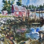 A watercolor painting of a red house by the water.