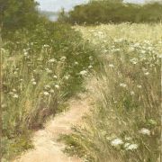 A painting of a path through a field of wildflowers.