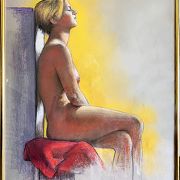 A painting of a nude woman sitting on a chair.