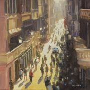 A painting of people walking down a city street in New York.
