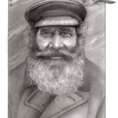 A drawing of a man with a beard and hat.