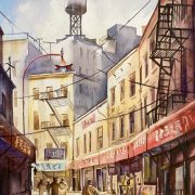 A watercolor painting of Doyer Street, NYC.