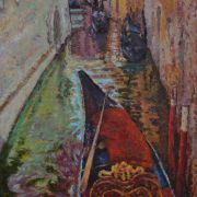 A painting of a gondola on a canal.