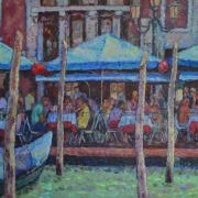 A painting of a restaurant in venice.