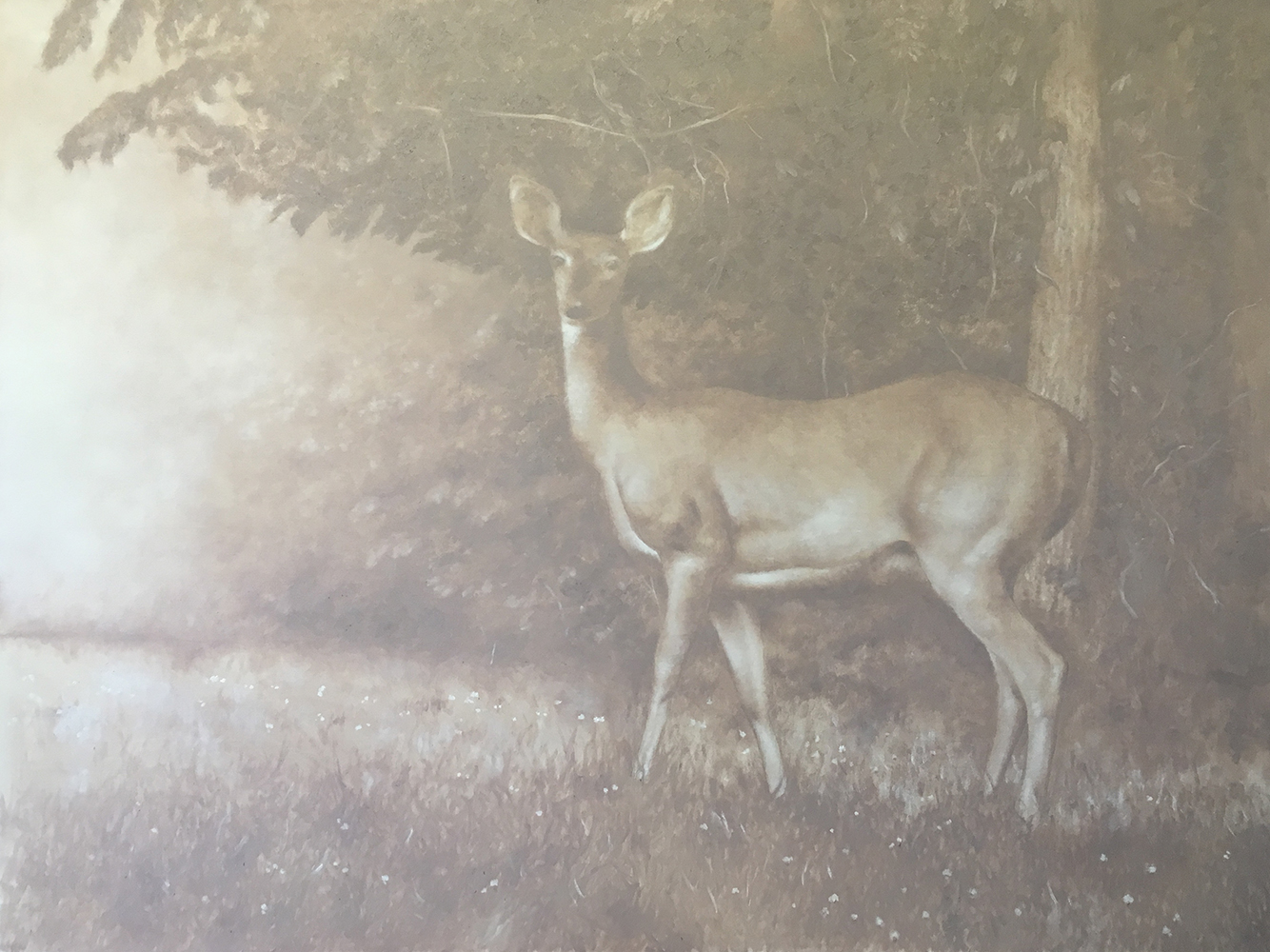A faded sepia painting of a deer looking straight at the viewer in the woods.