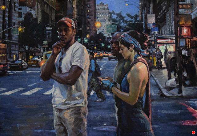 A Garin Baker painting of two people standing at a crosswalk.