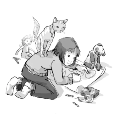 A drawing of a young girl drawing, with a cat standing on her back and watching.