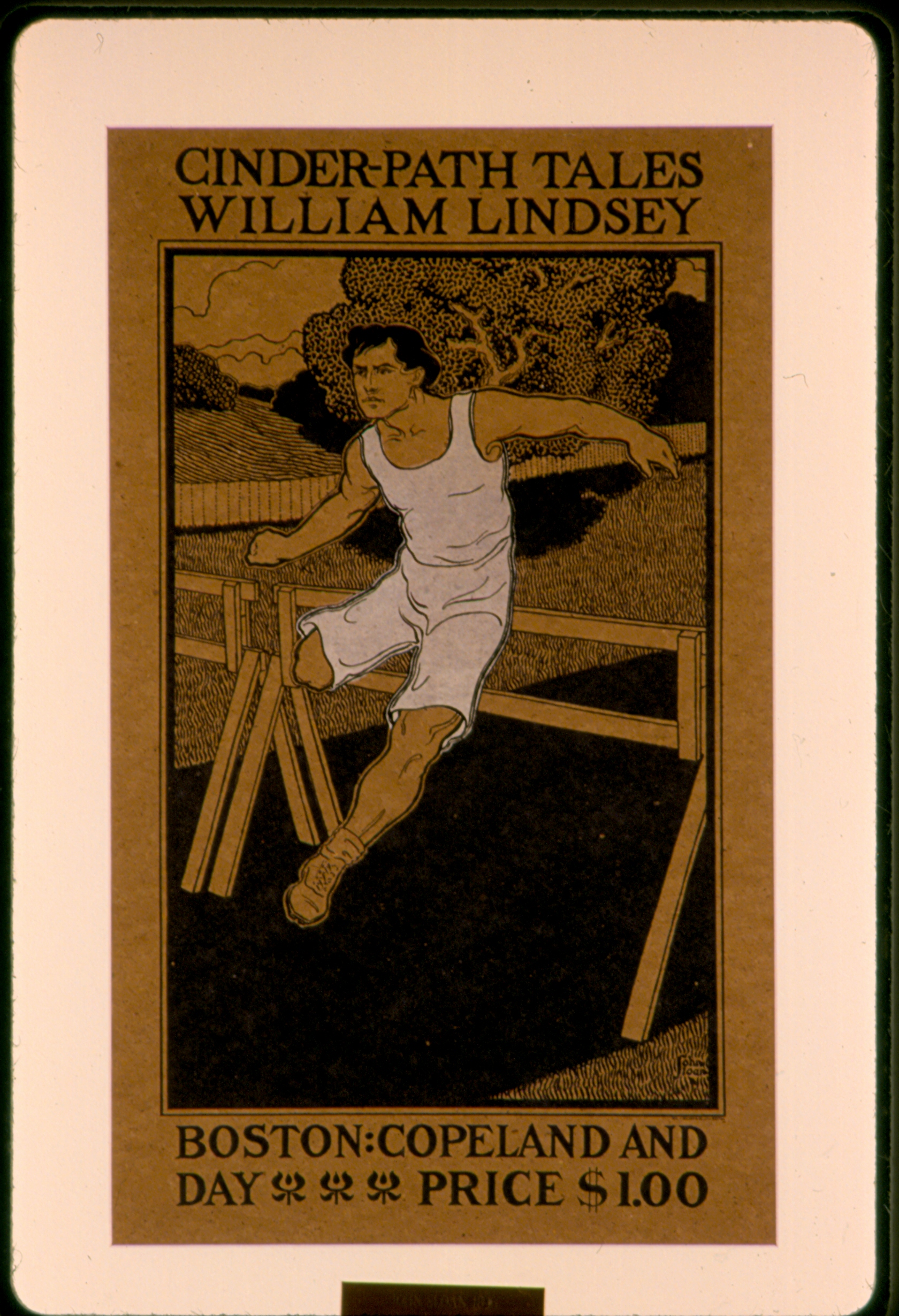 A sepia drawing of a male runner in white clothes jumping over hurdles.