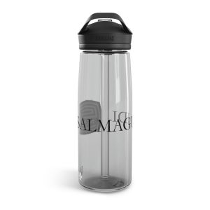 A water bottle with a black lid and a black handle.
