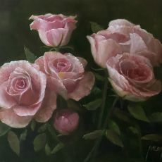 A painting of pink roses on a dark background.