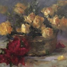 An oil painting of yellow roses in a copper pot.