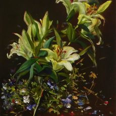 A painting of white lilies on a black background.