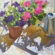 A painting of a pot of flowers and a watering can.