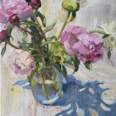 A painting of pink and white peonies in a glass vase.