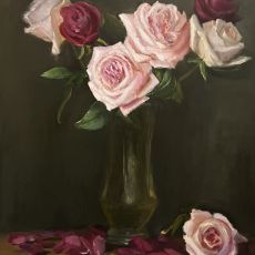 A painting of pink roses in a glass vase.