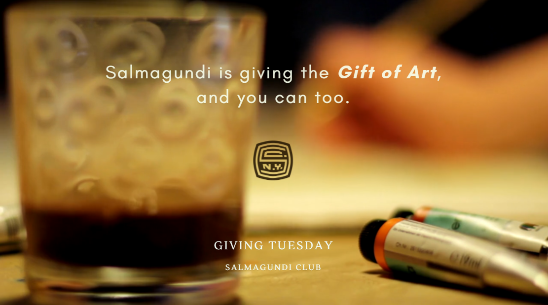 Giving Tuesday teaser video still, showing a cup of water for cleaning brushes and a hand painting in the background.