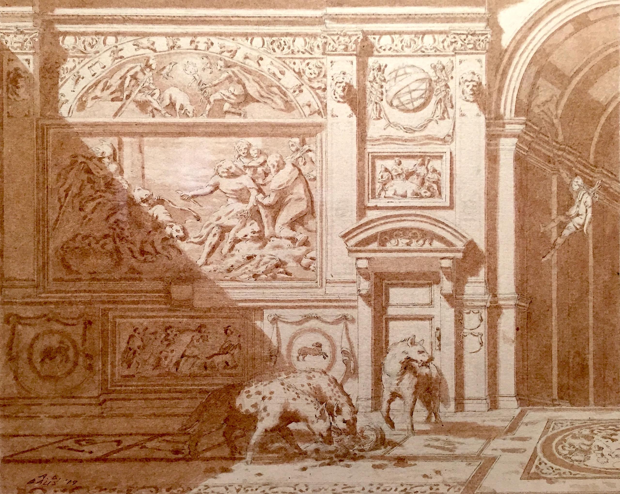 A print depicting a pack of hyenas under an ornate wall relief.