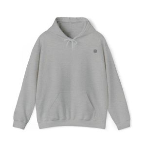 A grey hoodie with a logo on it.