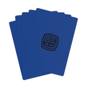 A set of blue playing cards with a black logo on them.