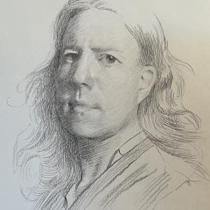 A drawing of a woman with long hair.