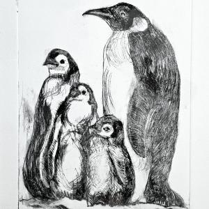 A drawing of a family of penguins.