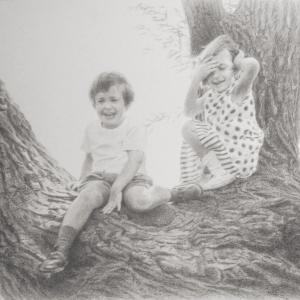 A drawing of two children sitting in a tree.