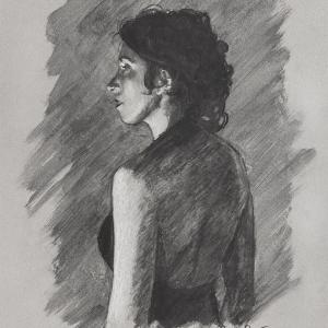 A drawing of a woman in black and white.