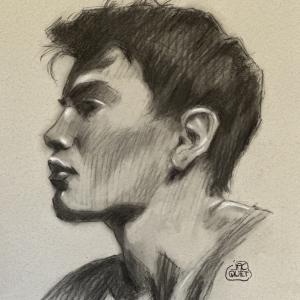A charcoal drawing of a man in profile.
