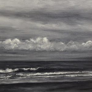 A black and white painting of a beach with clouds.