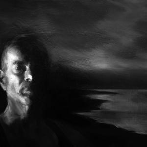 A black and white painting of a man in front of the ocean.