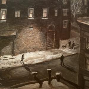 A painting of people walking down a street at night.