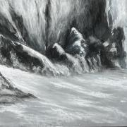 A black and white painting of an ice cave.