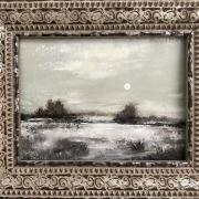 A painting of a landscape with a moon in the background.