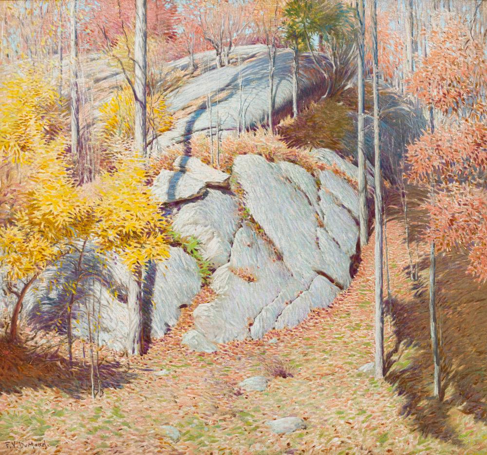 A painting of a rock in the woods.