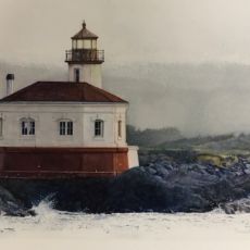 A watercolor painting of a lighthouse on the coast.
