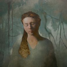 A painting of a woman with her eyes closed.