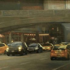 A painting of taxis on a street in new york city.
