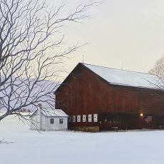 A painting of a red barn in the snow.