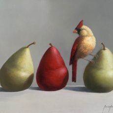 A painting of three pears and a cardinal.