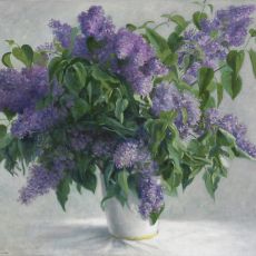 A painting of purple lilacs in a white vase.
